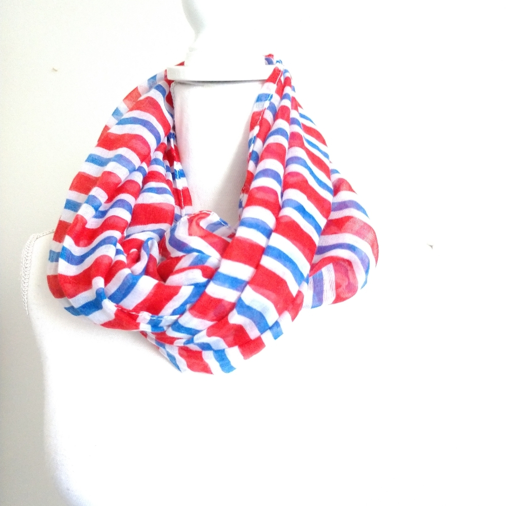Red White Blue Striped Infinity Scarf Gauze